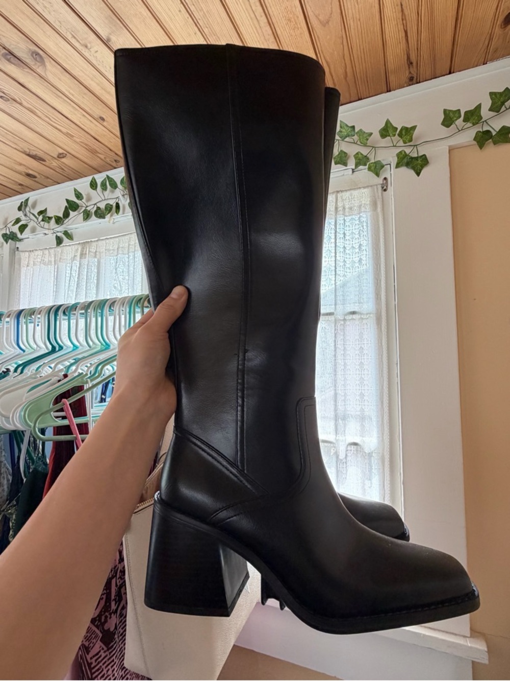 Vince Camuto Black Leather Knee-High Block Heel Boots